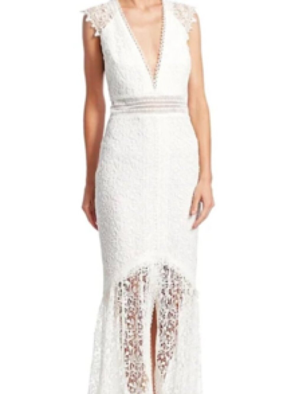 ML Monique Lhuillier Plunging High-Low Lace White Dress Size 4 from Saks